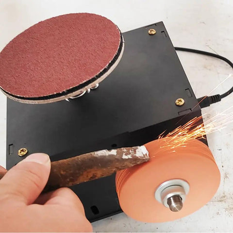 Heavy Duty Dual Wheel Bench Grinder With Copper Motor Runs Slick On 110 Or 220 Volt Power, polishing metal with sparks.