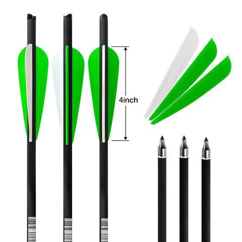 20 Inch Carbon Crossbow Bolts With 4 Inch Vanes Pack Of 12 Pro Grade Precision for hunting and target practice, showcasing tips and vanes.