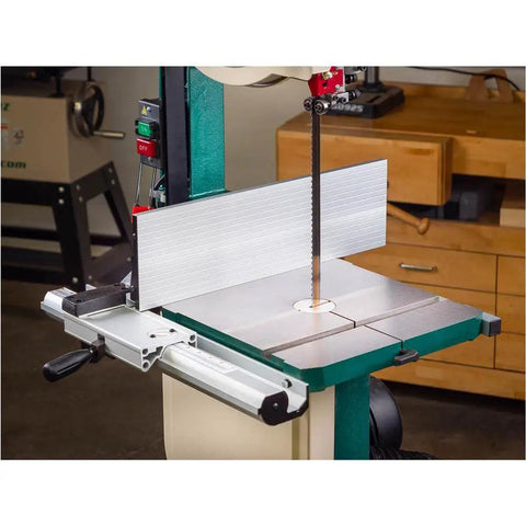 Heavy Duty Resaw Fence Upgrade For 14 Inch Bandsaws Featuring Quick Change Height Rails And Removable Alignment Blocks, mounted on bandsaw.