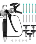 Hassle Free Airless Paint Spray Gun Kit With Five Reversible Tips Ten Spare Mesh Filters And Safety Nozzle Guard showcased on a white background.