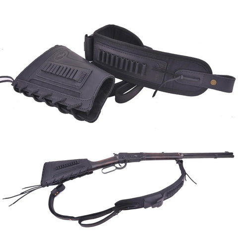 Rifle Buttstock Cover With Leather And Waxed Canvas Cushion, Matching Gun Sling, Recoil Pad, Shell Holder on Hunting Strap