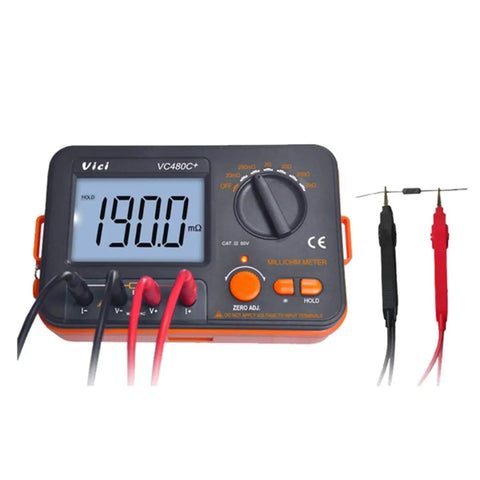 Backlit LCD Digital Milliohm Meter With Four Wire Test Low Resistance Multimeter 0.01 mΩ To 2 kΩ display view with probes