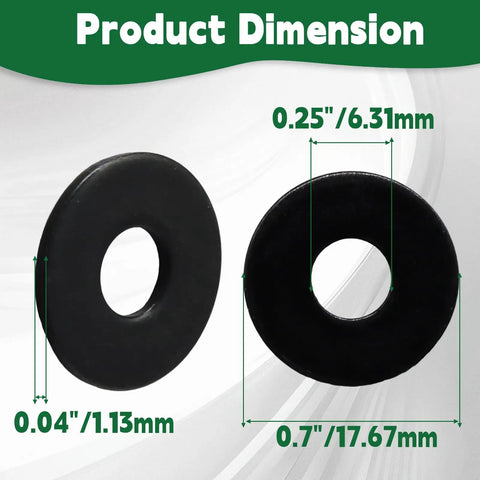M6 Black Coated Flat Washers 50 Piece Stainless Steel Assortment Kit With 304 Grade Steel For Solid Load Distribution Under Nuts And Bolts, Corrosion Resistant And Durable For Do It All Hardware Projects And Repairs. Size chart, 17.7mm OD, 6.3mm ID, 1.0mm thick black washer