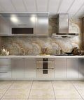 Kitchen with Brushed Nickel Peel And Stick Stainless Steel Contact Paper For Appliances And Cabinets Kitchen DIY Wrap Cover Adhesive Decorative Film 15.8 x 78.8 Inch installed on cabinets.