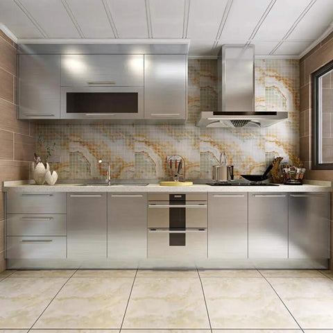 Kitchen with Brushed Nickel Peel And Stick Stainless Steel Contact Paper For Appliances And Cabinets Kitchen DIY Wrap Cover Adhesive Decorative Film 15.8 x 78.8 Inch installed on cabinets.