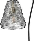 Sheridan Table Lamp with black wire mesh shade, vintage Edison bulb, antique brass accents, and sturdy metal base.