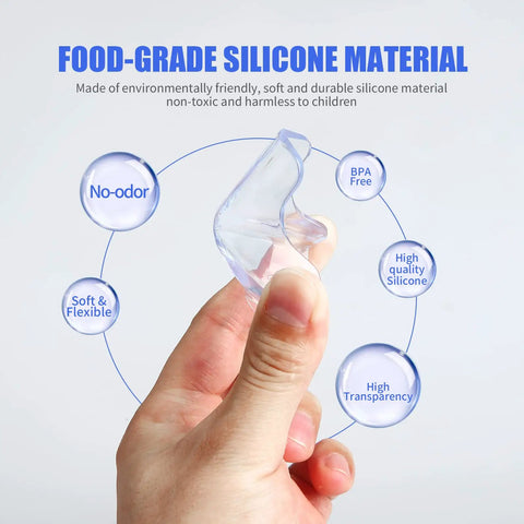 Clear Baby Proofing Corner Shields For Cozy Home Spaces Comes With Eight Rock Solid Transparent Table Edge Bumpers, displaying food-grade silicone material.