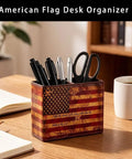Top Shelf American Flag Desk Organizer Built With Premium Pu Leather And Retro Vintage Style That Brings Sick Vibes To Any Room As Sharp Pen And Pencil Holder For Office Or Home Decor Supplies with pens and scissors.