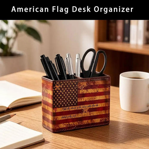 Top Shelf American Flag Desk Organizer Built With Premium Pu Leather And Retro Vintage Style That Brings Sick Vibes To Any Room As Sharp Pen And Pencil Holder For Office Or Home Decor Supplies with pens and scissors.
