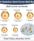 Golden 304 Stainless Steel Screw Ball Earring Backs Set, 50 Pieces In Five Sizes, Round Ball Stoppers For DIY Jewelry Making