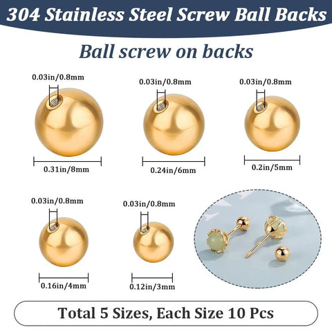 Golden 304 Stainless Steel Screw Ball Earring Backs Set, 50 Pieces In Five Sizes, Round Ball Stoppers For DIY Jewelry Making