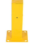Heavy Duty Steel Tubular Mounting Posts With Safety Yellow Finish Pre Drilled Base Plate For Bolt On Railing System And Industrial Guardrail 18 Inch height with bolt attached.