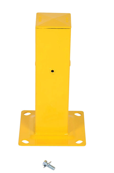 Heavy Duty Steel Tubular Mounting Posts With Safety Yellow Finish Pre Drilled Base Plate For Bolt On Railing System And Industrial Guardrail 18 Inch height with bolt attached.