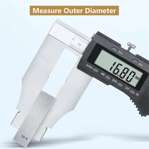 Digital Caliper Measuring Tool 0-800mm/31.5 Inch Range, ±0.06mmaccuracy displaying outer diameter measurement of 16.80 mm.