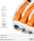 Close-up of orange 141 Piece Lever Wire Connectors Kit, durable PC housing, features save space and time, for DIY projects.