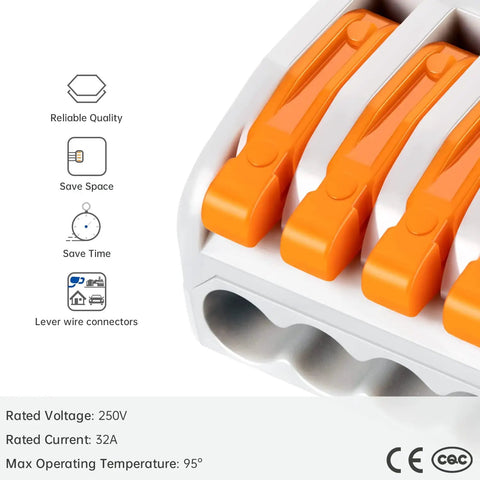 Close-up of orange 141 Piece Lever Wire Connectors Kit, durable PC housing, features save space and time, for DIY projects.