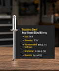 Hella Durable Stainless Steel Pop Rivets Featuring Smooth One Side Installation Metal Fasteners for Heavy Duty Repair Tasks, Size #6-4, 3/16"