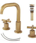 Antique Brass Two Handle Widespread Bathroom Faucet With 3 Holes And 360 Degree Swivel Spout Pop Up Drain Cold And Hot Water Mixer 1.2 GPM High Flow Performance, showing faucet and parts on white background.