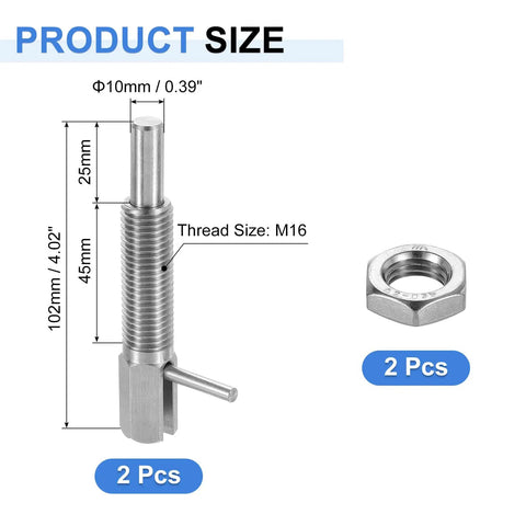 Built Like A Tank Heavy Duty Two Pack Retractable Indexing Plunger Pins M16 size chart and hex nut illustration.