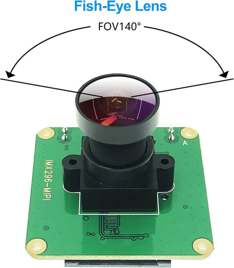 Front view of Global Shutter Raspberry Pi Camera Module with IMX296 Mono Sensor and fish-eye lens, FOV 140 degrees.
