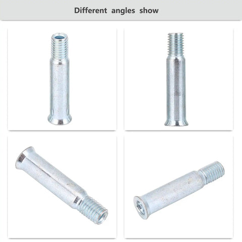 Beefy Steel Inline Skate Axles Kit, 15 Pcs, 35mm Total Length, showing axles from different angles to highlight screw threads.