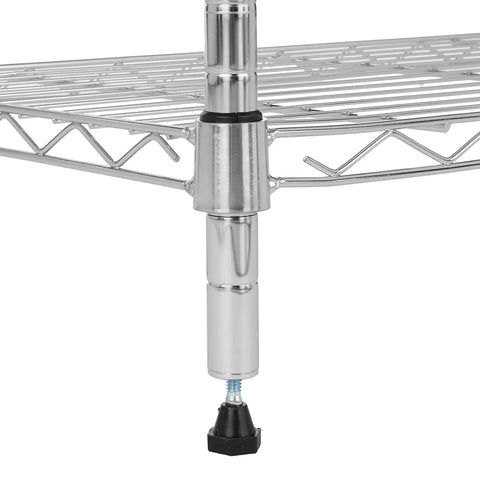 Close-up of leg and corner of Beefy Heavy Duty Steel Wire Shelving Rack With Chrome Finish 3 Shelf Adjustable Storage System No Tool Assembly
