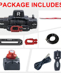 Rugcel 12000 Lb Waterproof Electric Winch With Synthetic Rope And Haws Fairlead Black, package components including remote and accessories.
