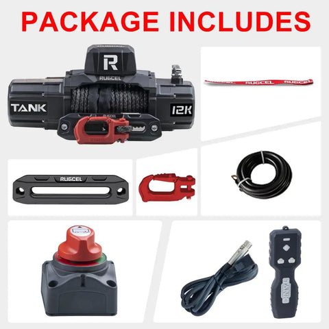Rugcel 12000 Lb Waterproof Electric Winch With Synthetic Rope And Haws Fairlead Black, package components including remote and accessories.