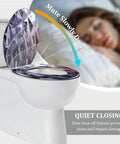 Elongated Quiet Close Toilet Seat for Bathroom with slow closing feature, designed to prevent noise, fits round toilets.