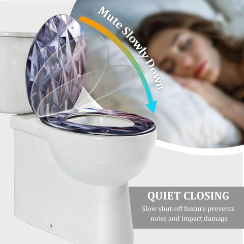 Elongated Quiet Close Toilet Seat for Bathroom with slow closing feature, designed to prevent noise, fits round toilets.