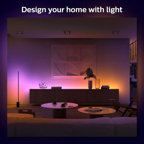 Living room with Indoor 3-Foot Smart LED Light Strip Extension With Flowing Multicolor Effects Adds Hue Ambiance To Your Base Kit
