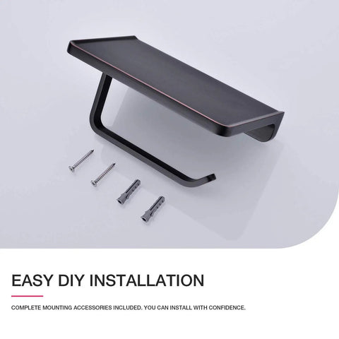Oil Rubbed Bronze Wall Mount Toilet Paper Holder With Built In Phone Shelf And Storage, screws included for easy installation.