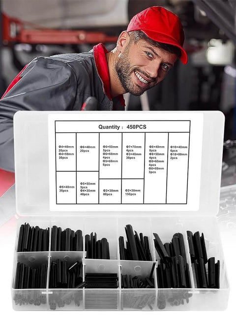 Pro Grade 450 Piece Stainless Steel Roll Pin Assortment Set With Slotted Hollow Spring Pins, Storage Case in workshop