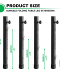 Built Tough Four Pack Folding Table Leg Extenders Heavy Duty Steel Adjustable Table Risers showing size dimensions and features.