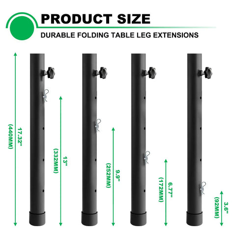 Built Tough Four Pack Folding Table Leg Extenders Heavy Duty Steel Adjustable Table Risers showing size dimensions and features.