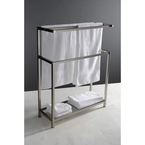 Edenscape Freestanding Towel Rack In Brushed Nickel With Solid Steel Construction Triple Towel Bar Design Generous Bottom Shelf Storage Corrosion Resistant Finish Multi Tier Bath Organizer Stand with towels on bars and shelf on white tile floor.