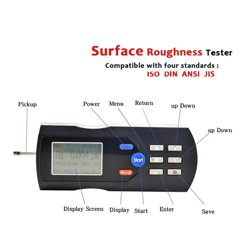 Heavy Duty Digital Surface Roughness Tester And Finish Gauge For Alloy Tool Steel Workpieces top view with buttons and LCD display
