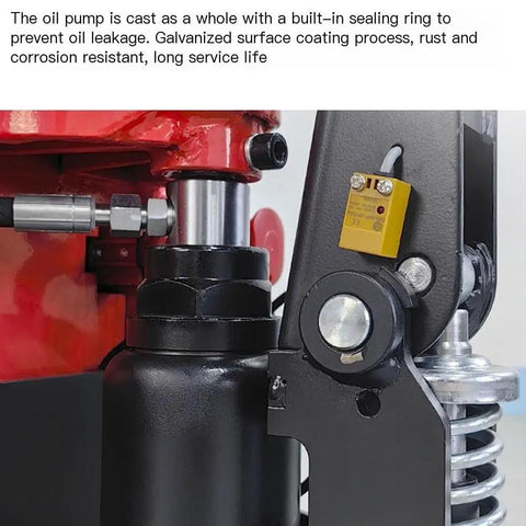 Close-up of electric pallet jack oil pump showcasing sealing ring and galvanized surface for durability, part of Electric Pallet Jack Rated For 4400 Lb Loads With Fast Lithium Battery Ideal For Narrow Spaces Featuring Ultra Compact Footprint And Multi Functional Handle For No Sweat Loading Every Single Day.