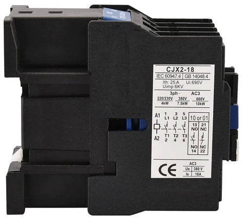 Three Pole 24V AC Contactor With 32A Rating For Industrial Motors And Rail Mount, side view with labeling details