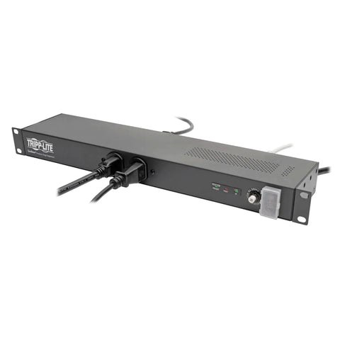 Isobar Rackmount Surge Protector Power Strip With 12 Outlets, 20A and 3840 Joules, 15ft Cord, 1U Rack Mount, angled front view