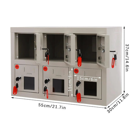 Heavy Duty Steel Cell Phone Locker With Integrated Charging Station And Secure Keys Built Like A Tank, 6-door storage cabinet with dimensions.