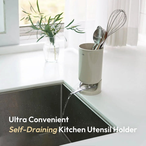 Self Draining Kitchen Utensil Holder For Countertop Featuring Dual Drain Spout And Circular Drip Tray Beige