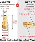 Diagram of 1/4 inch connecter from 14 Piece Automotive Type C Quick Connect Air Fittings Kit With Solid Brass Couplers And Plugs One Quarter Inch NPT Interchangeable With Most Brands Pro Grade Heavy Duty For Auto Shops And DIY Projects showing dimensions and threading details.
