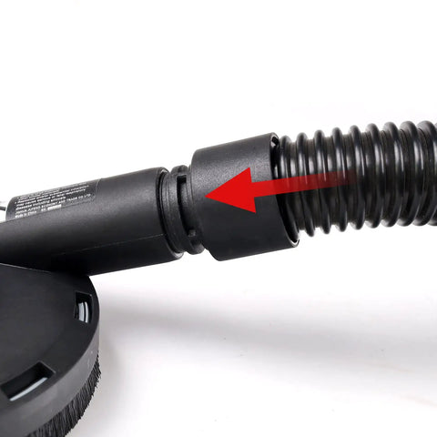 Close-up of Surface Grinding Dust Shroud hose connection showing clamp fitting for Universal 4.5/5 Inch with 5 Inch Diamond Cup Wheel.