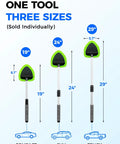 Extendable Interior Windshield Cleaner Tool With Four Plush Microfiber Pads For Streak Free Car And Home Window Detailing That Pulls Double Duty Without Any Sweat, showing three sizes: 19", 24", and 29".