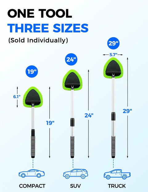 Extendable Interior Windshield Cleaner Tool With Four Plush Microfiber Pads For Streak Free Car And Home Window Detailing That Pulls Double Duty Without Any Sweat, showing three sizes: 19", 24", and 29".