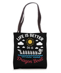 Black Dragon Boat Racing Paddler Tote Bag with "Life Is Better in a Dragon Boat" print for dragonboating enthusiasts.