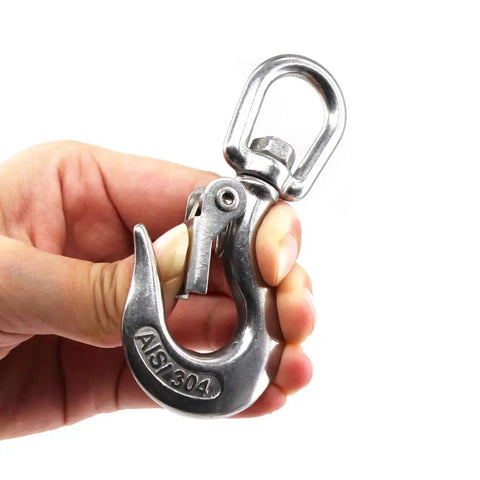 Premium Pro Grade 304 Stainless Steel Swivel Eye Lifting Hook Delivering Smooth 360 Degree Spin And Built Like A Tank For 150 Kg Rigging Jobs In 3/16 Inch Size held in hand.