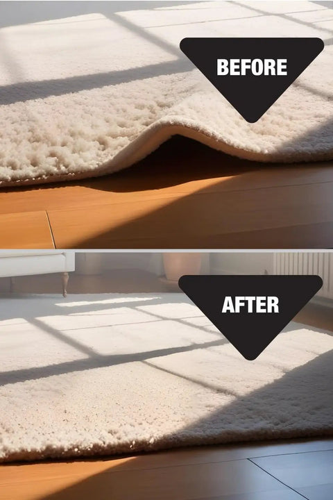 Before and after of rug using Stay Put Rug Corner Grippers No Slip Anti Slip Rug Holders For Hardwood, Laminate, And Carpet.