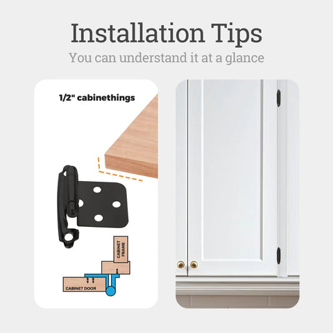 Installation tips for Heavy Duty Cabinet Hinges 8 Pack, showcasing the self closing action and half inch overlay setup. 